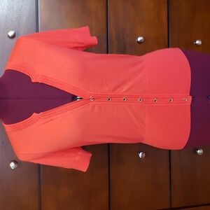 WHBM Short Sleeve Solid Red-Orange V-Neck Snap-Front Cardigan, Size S